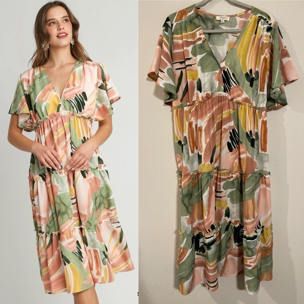 Umgee Women Midi Dress XL Floral Colorful Cottagecore Preppy Contemporary